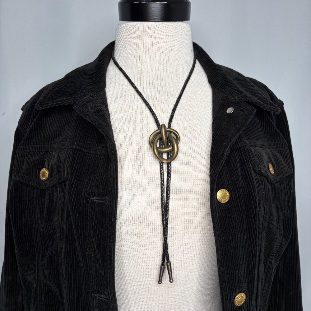 Vintage Western Bolo Tie Antique Brass Intertwined Rings Black Braided Cord